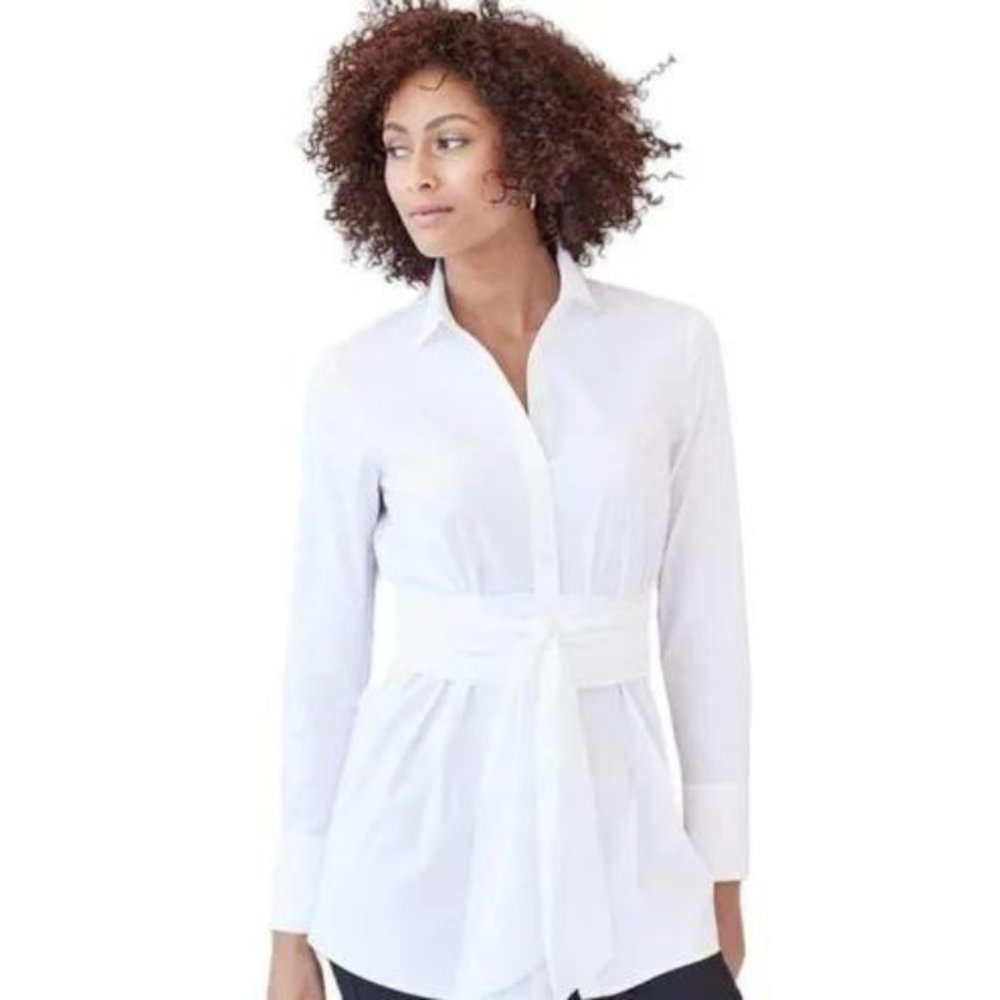 J. Jill Poplin Tie Waist Button Up Tunic Top Women's M White Long Sleeve…